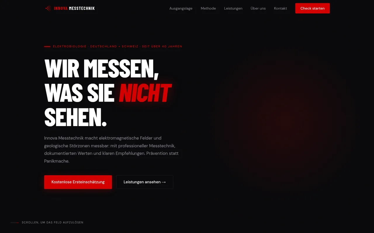 Innova Messtechnik Website: dunkler Hero mit Radar-Motiv